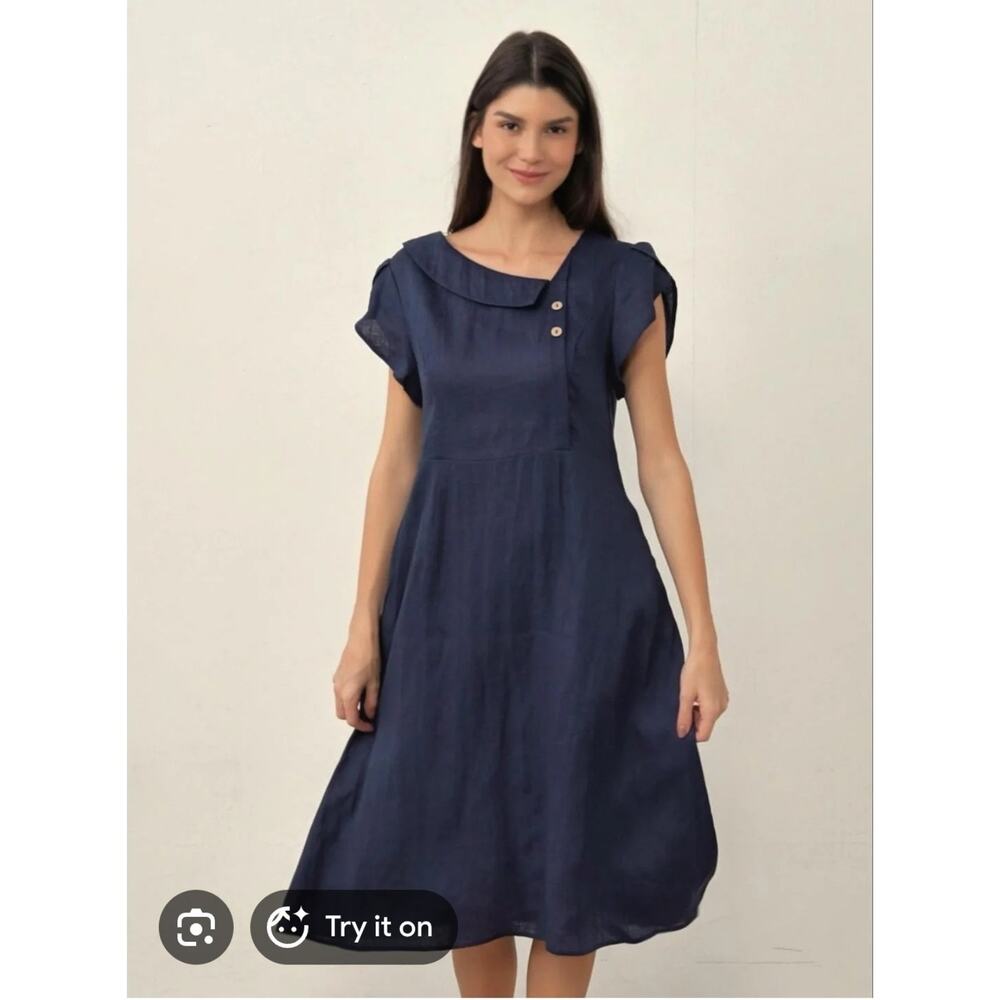Lintico 100% Linen Crescent Collar Flutter Sleeve Mini Dress FIONA size S - Picture 2 of 8